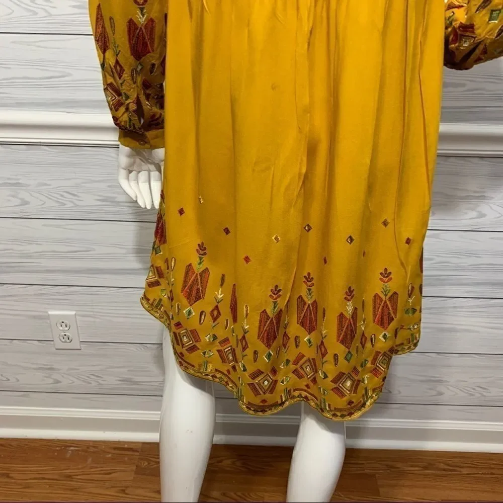 Beach Lunch Lounge Mustard Yellow Aztec Finely Embroidered Boho Dress - S‎